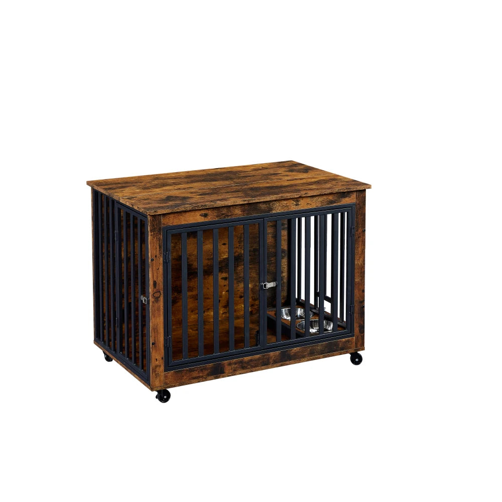 Furniture Style Dog Crate Side Table With Feeding Bowl Three Doors Flip-Up Top Opening Indoor Grey 38.58"W x 25.2"D x 27.17"H