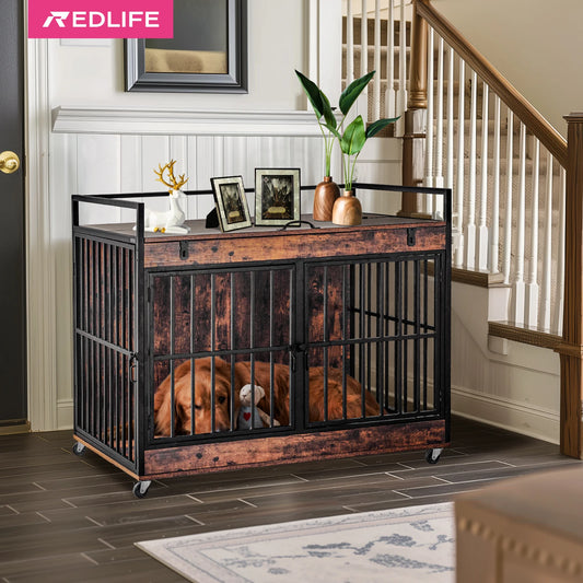 Redlife Dog Crate Furniture End Table Dog Kennel Indoor Heavy Duty Dog House w/ Wheels Feeder Bowls Flip Top 43.7 x 30 x 37.8 in