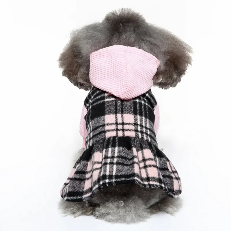 Plaid Dog Hoodie Dress Warm Soft Dog Sweater Skirt Outfit with Hat Autumn Winter Pet Coat Clothes for Small Medium Puppy Outfits