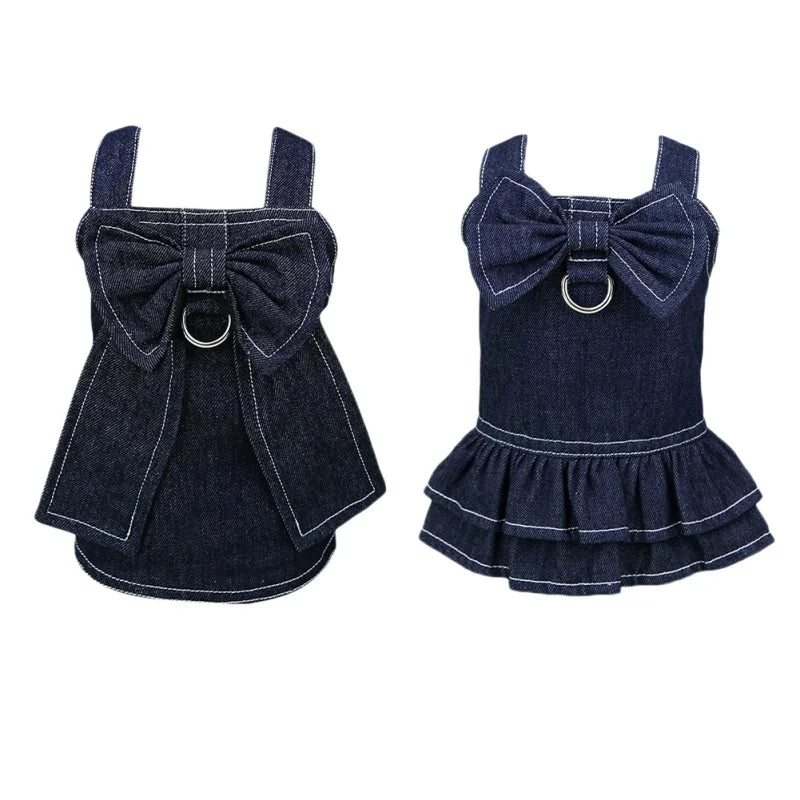 Pet Denim Dress Spring Summer Comfortable Puppy Summer Dress for Small Medium Dog Cats Cute Bow-Knot Dog Skirt