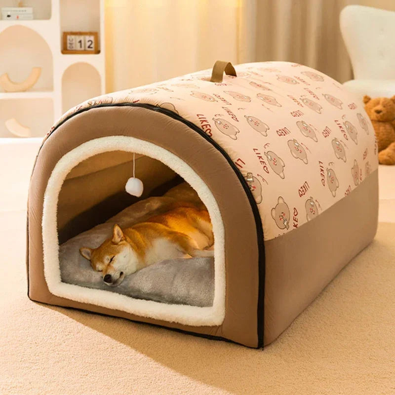 1PC Dog Cave 2 in 1 Detachable Covered Cat Bed with Ball Pendant Cat Hideaway House, Warm Washable Cozy Dog Beds for Large Dogs