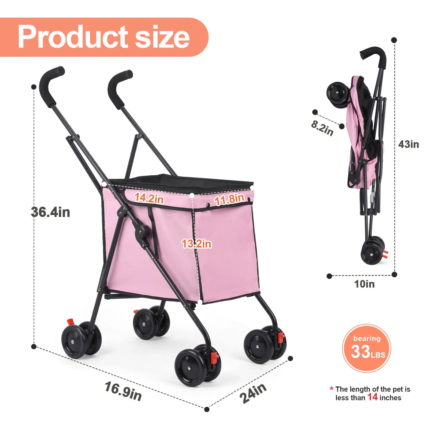 33lbs 4 Wheels Dog Stroller Rotate Pink  Pet Puppy Stroller Holder for Dogs Cat Travel Hand Cart Folding Shopping Trolley