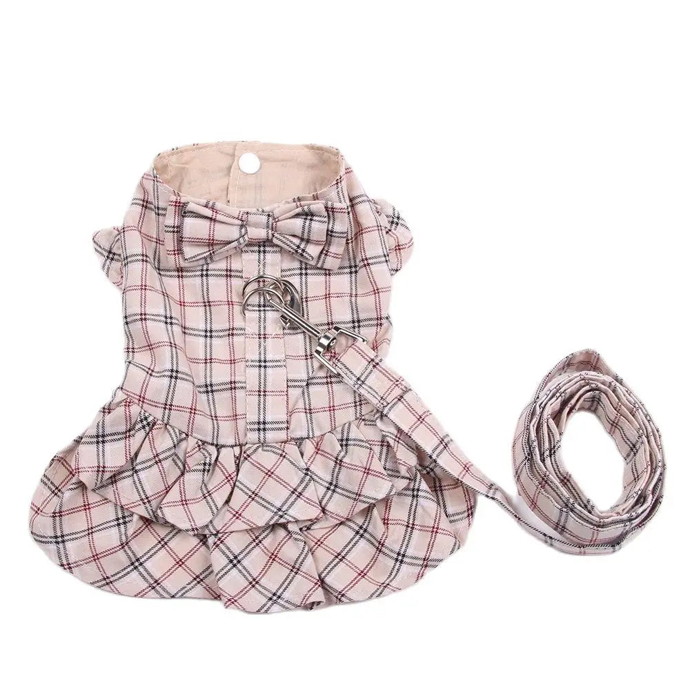 New Dog Cat Dress Shirt Plaid&Bow with Matching Dog Leash Pet Puppy Skirt  Spring/Summer clothes apparel 5 sizes