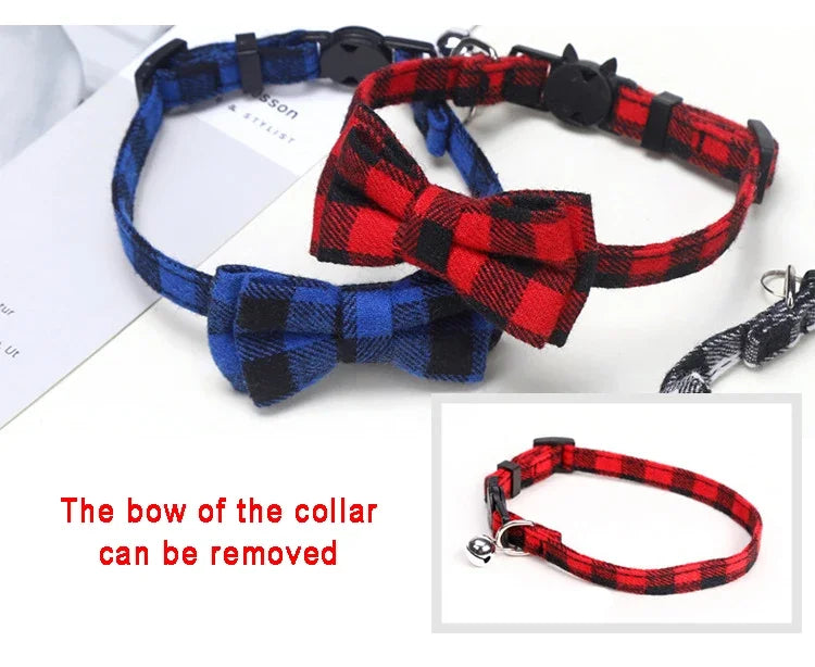 Pet Breakaway Cat Collar Bow Tie and Bell Cute Plaid Christmas Red Elastic Adjustable Dog Collar With Sash Small Bell For Cats