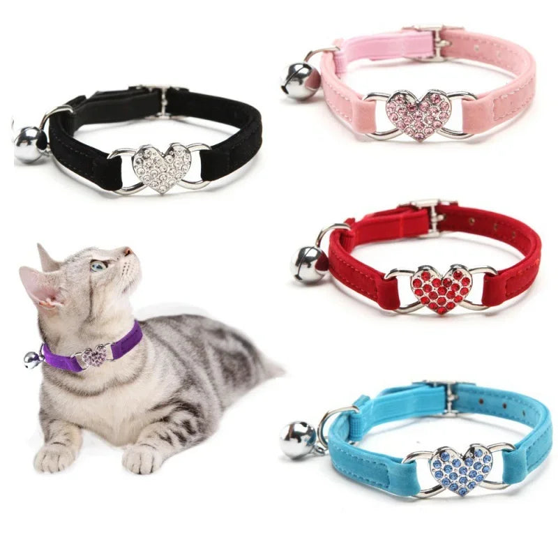 Cat Collar Crystal Elastic Collar Velvet Bell Heart Shape Collar Pet Necklacce Soft Bell Stretch Pet Kitten Collars  Adjustable