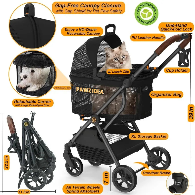 PAWZIDEA Dog Stroller 4 in 1, Pet Stroller for Cats with Detachable Carrier for Small/Medium Dogs/Cats, Seatbelt Car Seat Combo