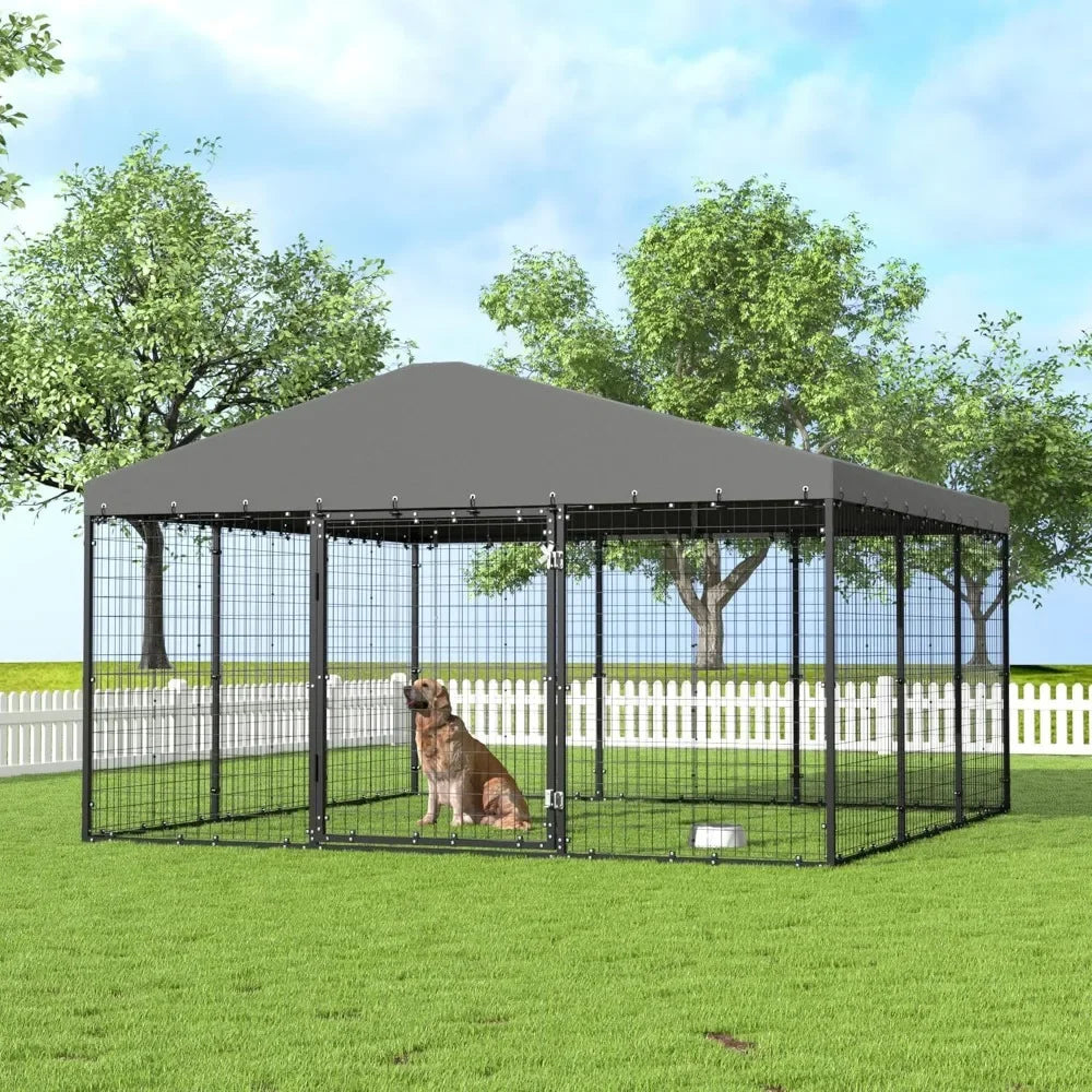 Large Outdoor Dog Kennel, Heavy Duty Dog Cage with Roof, Steel Dog Kennel with Waterproof UV-Resistant W 118" X D 118" X H 70.9"