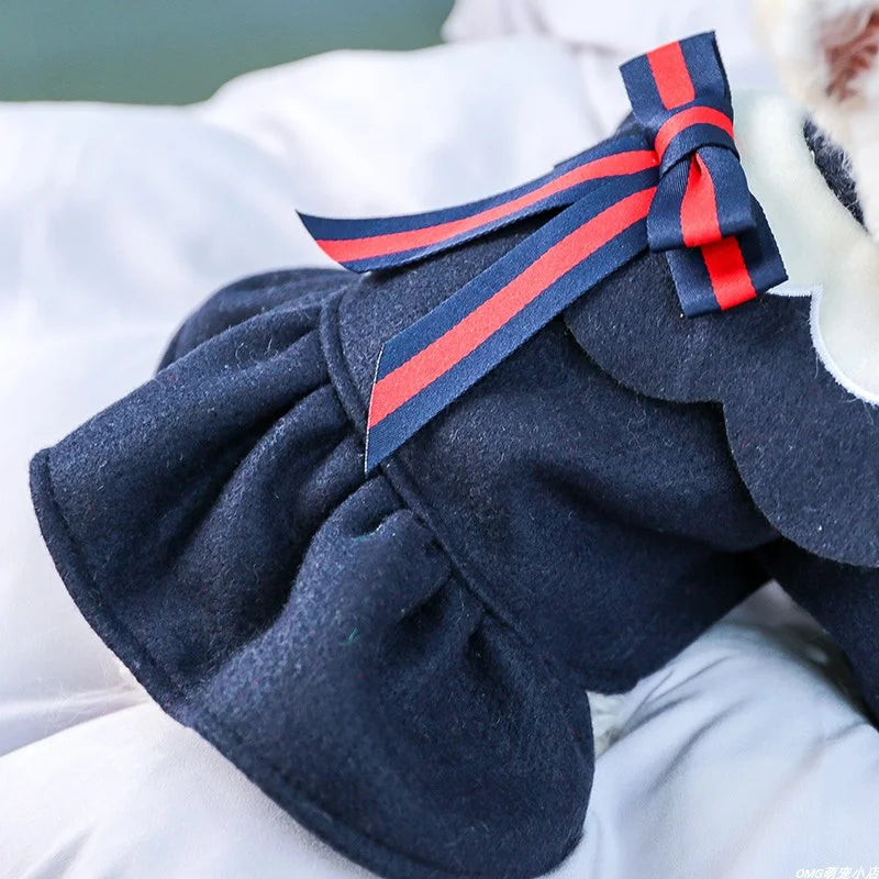 1PC Pet Clothes Cat Autumn/Winter Thickened Petal Collar Bow Princess Dress Navy Blue Suitable for Small and Medium Dogs