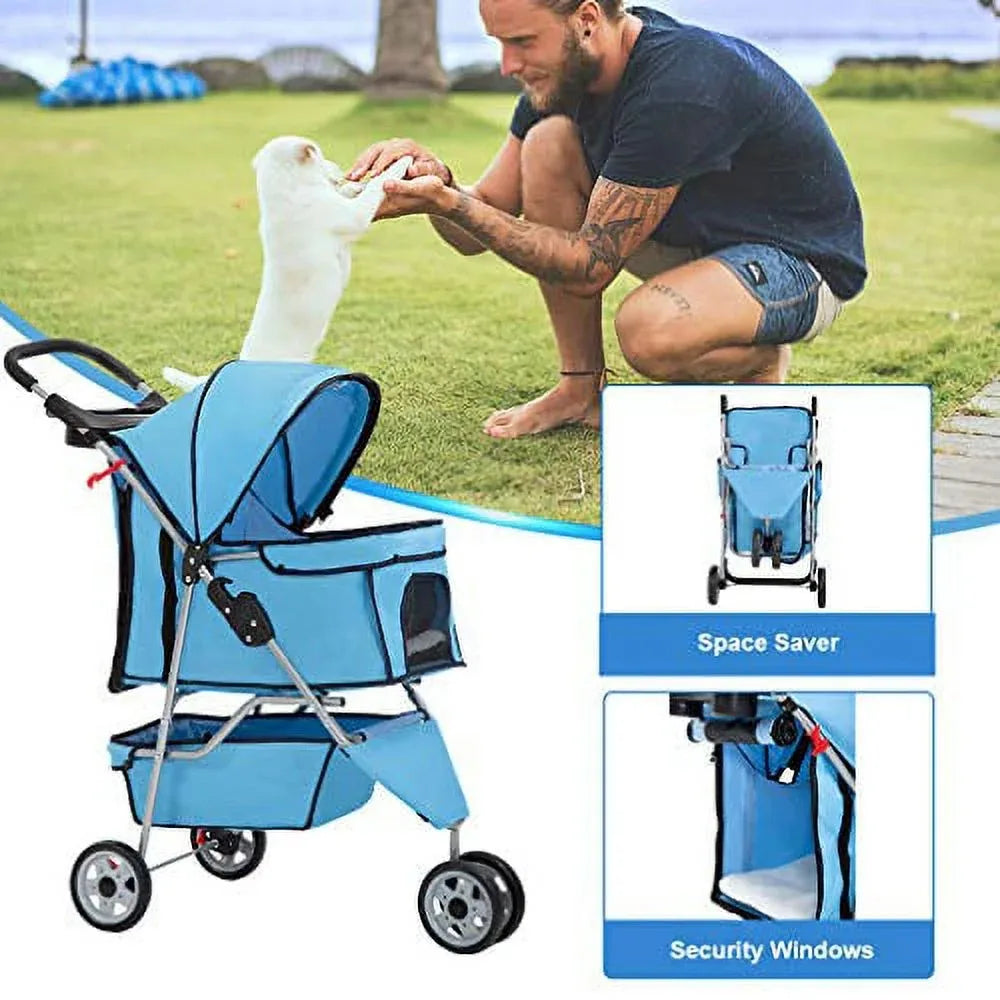 3 Wheels Pet Stroller Dog Cat Stroller for Small Medium  Travel Folding Carrier rotated 360°,have hooded Peak Top Window