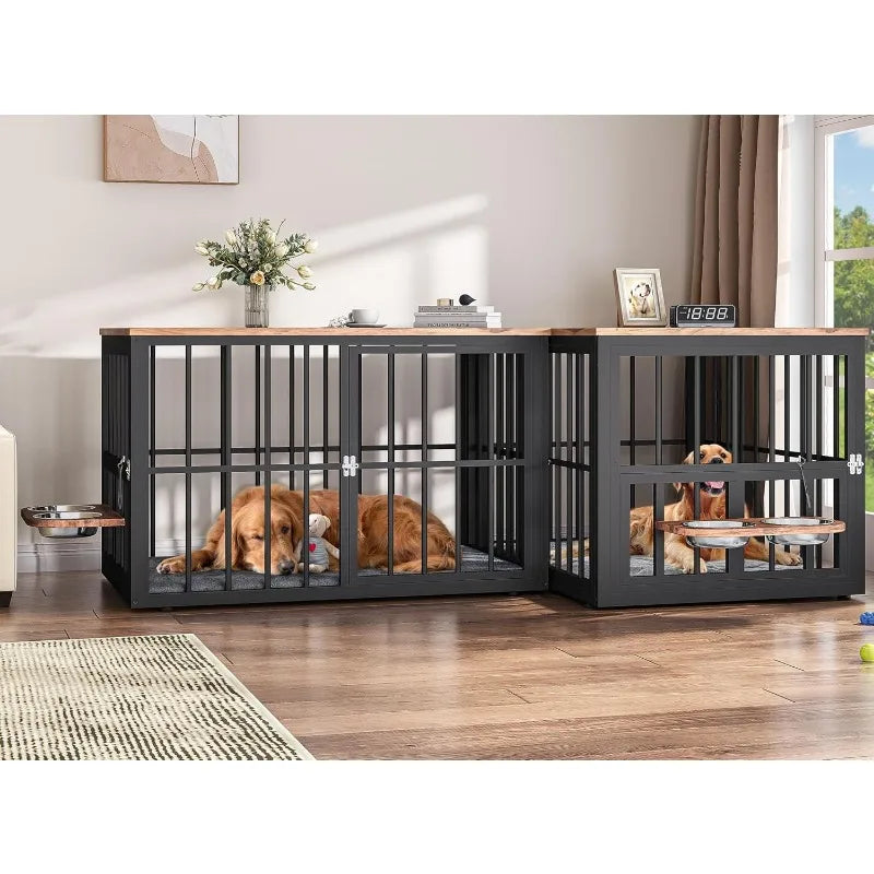 Large Corner Dog Crate Furniture for 2 Dogs 4 Combination Forms Wooden Dog Kennel Dog Bowls & 3 Doors Furniture TV Stand