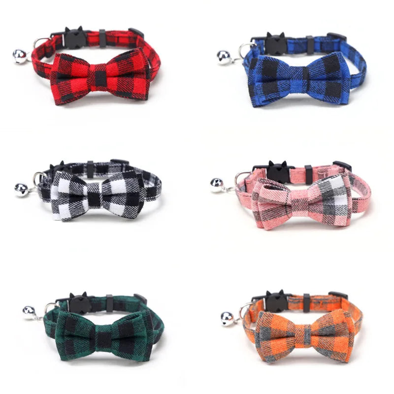 Pet Breakaway Cat Collar Bow Tie and Bell Cute Plaid Christmas Red Elastic Adjustable Dog Collar With Sash Small Bell For Cats