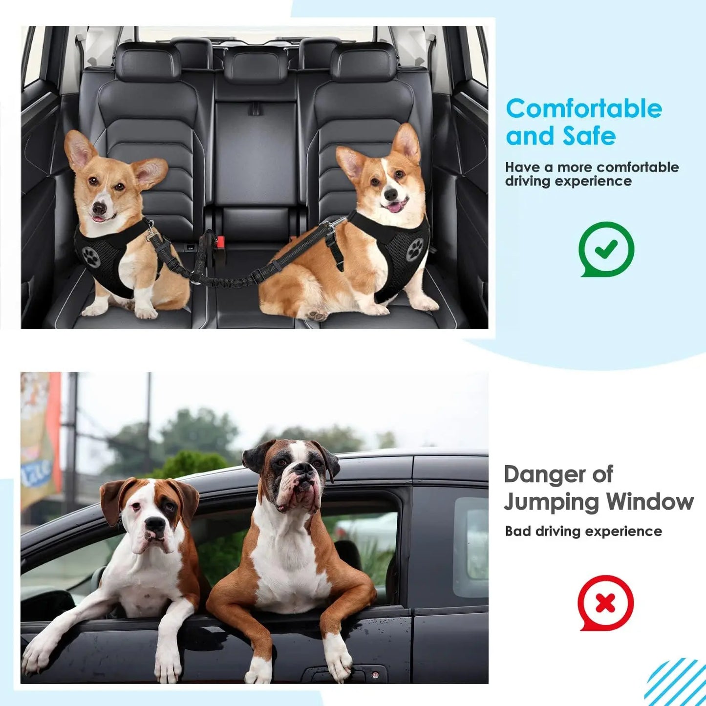 Dog Seat Belt, Double Dog Seatbelt Adjustable Vehicle Safety Leash with Elastic Bungee Buffer, Reflective No Tangle Y Shape Two