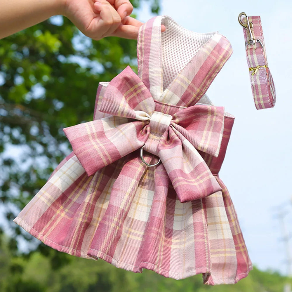 Dog Dresses for Small Dogs Girl Plaid Dog Dress Bow Tie Harness Leash Set Puppy Cute Bow Skirt Pet Outfits Yorkie Accessories