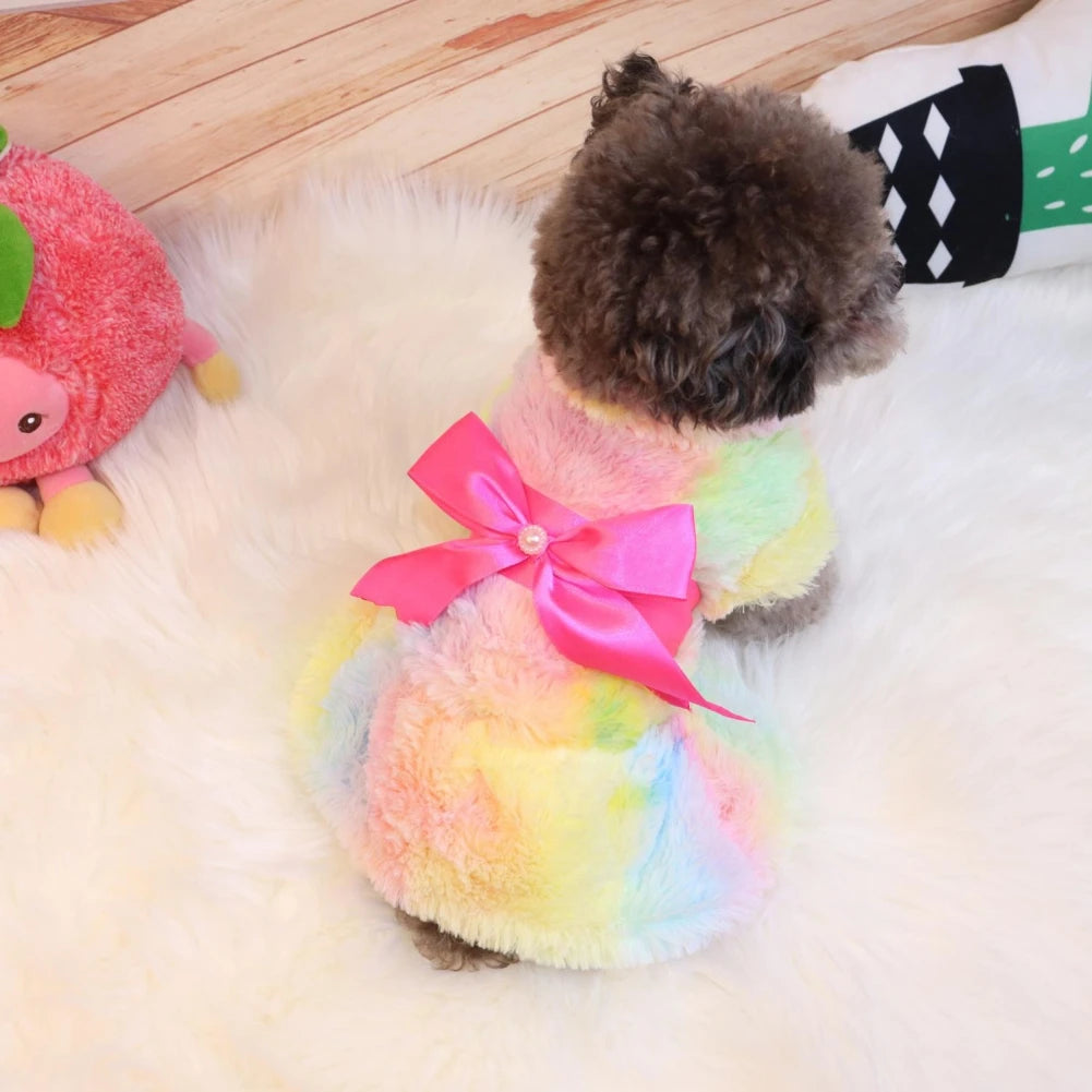 Winter Pet Clothes Elegant Luxury Fur Dress Warm Overcoat Small Dog Cat Clothes Bowknot Leopard Chihuahua Princess Party Dress