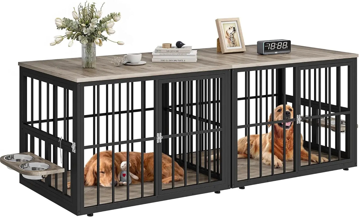 Large Corner Dog Crate Furniture for 2 Dogs 4 Combination Forms Wooden Dog Kennel Dog Bowls & 3 Doors Furniture TV Stand