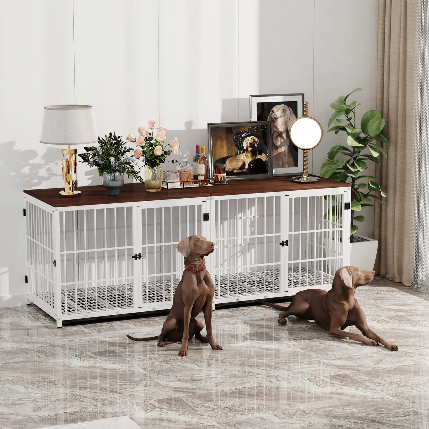 BINGOPAW Dog Crate Furniture Pet Kennel End Table Metal Dog Kennel with Three Doors with Locks and Removable Tray, White/Black