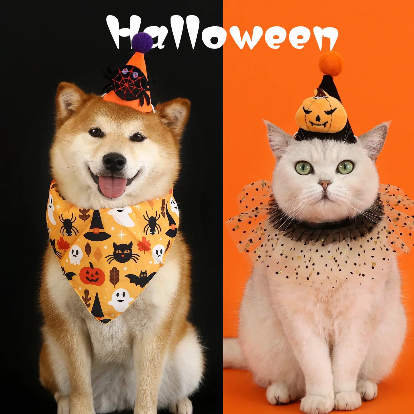 Conjunto de Halloween para mascotas, sombrero de murciélago, araña y calabaza, diadema con babero de encaje, bufanda triangular, accesorios para perros y gatos, lazos para cachorros y perros