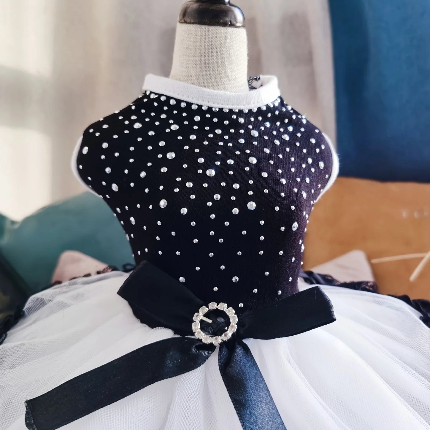 Polka Dot Tutu Dog Dress with Lace Trim, Formal Pet Wedding Attire, Sparkling Sequin Photo Prop, Black and White Cotton-Poly Ble