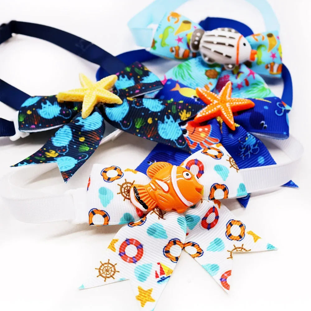 10PCS Pet Collar Beach Party Dog Bow Tie Puppy Collar Adjustable Necktie With Cartoon Doll For Dogs Pet Grooming Accessories