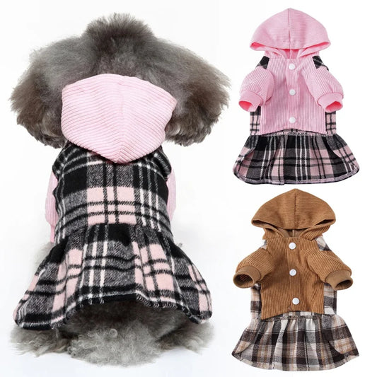 Plaid Dog Hoodie Dress Warm Soft Dog Sweater Skirt Outfit with Hat Autumn Winter Pet Coat Clothes for Small Medium Puppy Outfits