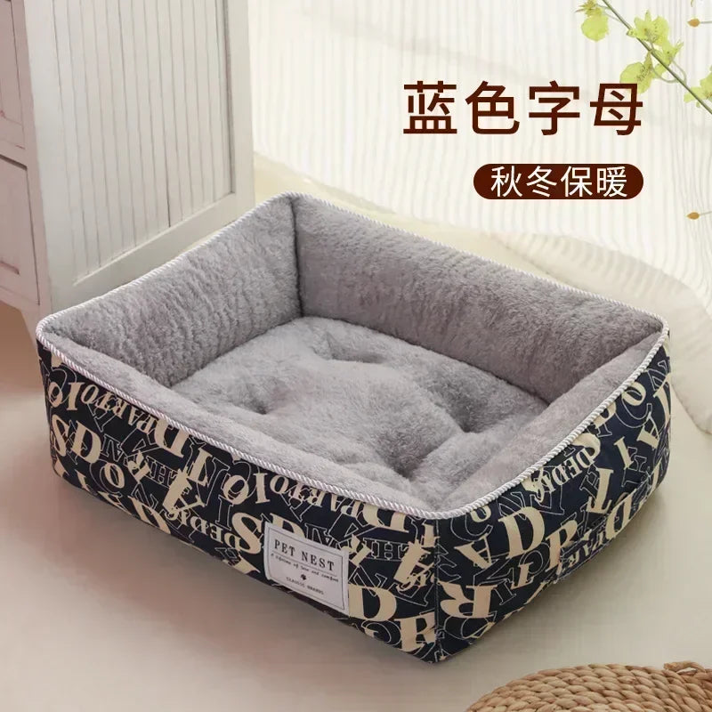 Plaid Printing Soft Removable&Washable Dog Bed Fabric Skin-Friendly Cotton&Linen Breathable Pet Sofa Square Cat Litte Dog Bed