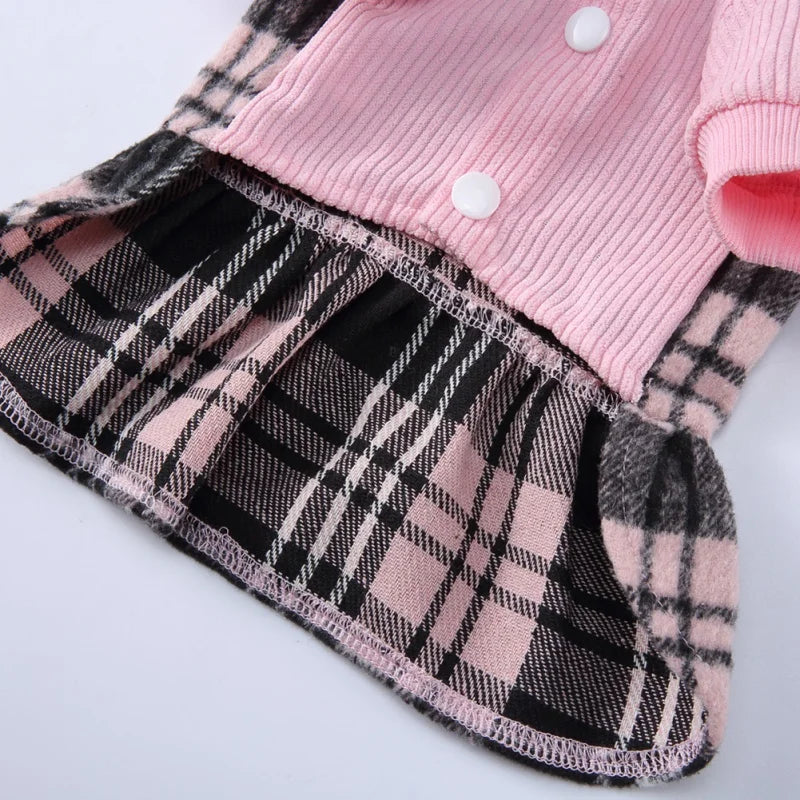 Plaid Dog Hoodie Dress Warm Soft Dog Sweater Skirt Outfit with Hat Autumn Winter Pet Coat Clothes for Small Medium Puppy Outfits