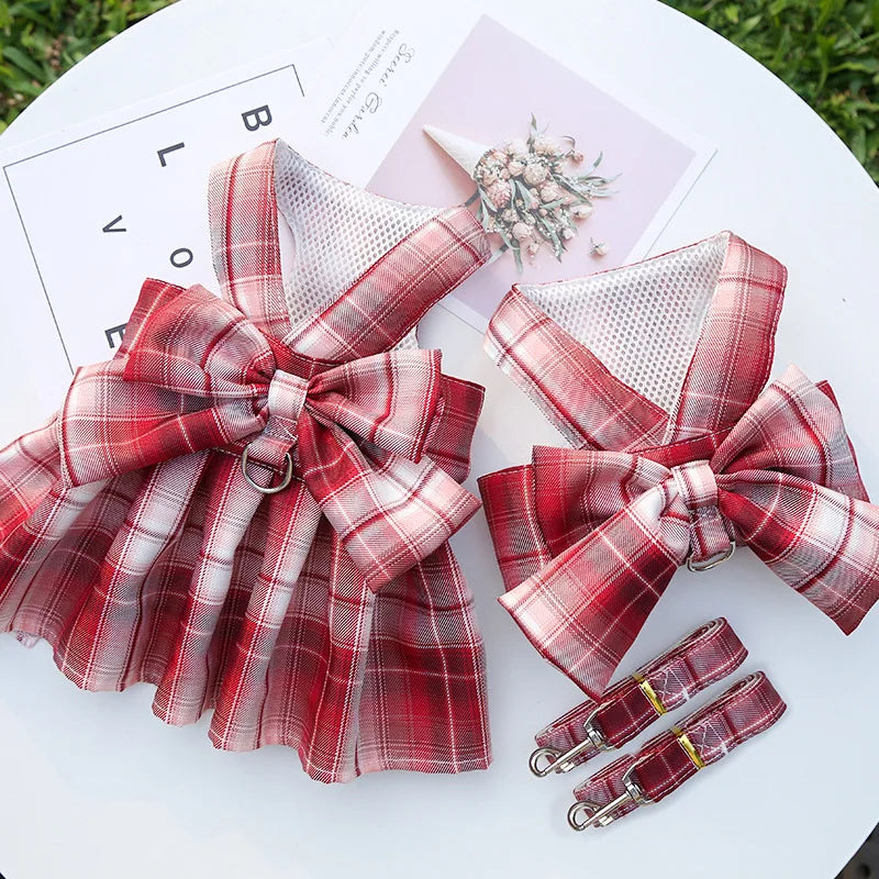 Pet Jk Plaid Dress Dog Harness and Leash Set Bow Skirt Kitten Puppy Vest Luxury Dog Clothes Chihuahua Dog Outfits Bichon Items