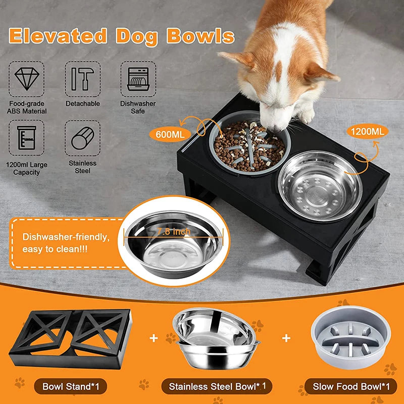 Elevated Dog Bowls 3 Adjustable Heights Dog Food Water Bowl with Slow Feeder Bowl  Dog Bowl For Pet Meal Mat Elevated Bowl Mat