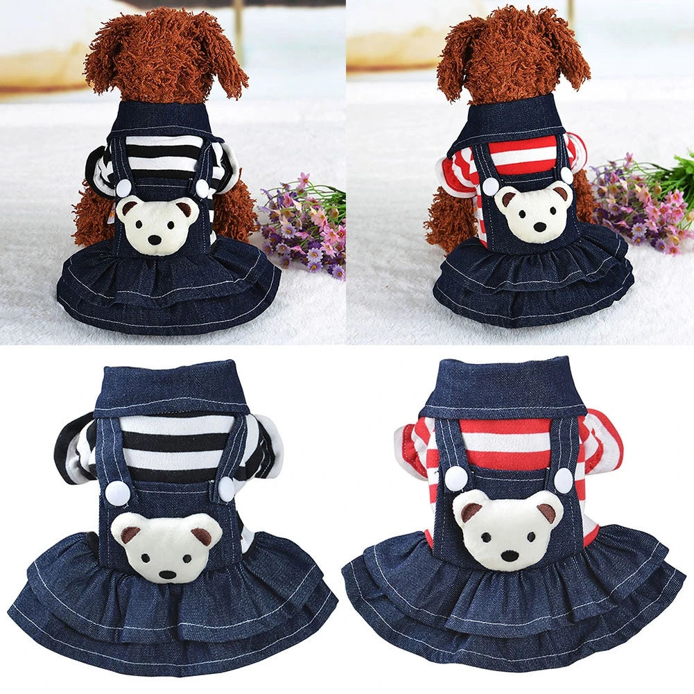 Spring Summer Pet Dog Clothes Striped Bear Cute Cat Dog Strap Denim Skirt for Puppy Yorkie Chihuahua Dresses Pet Clothing