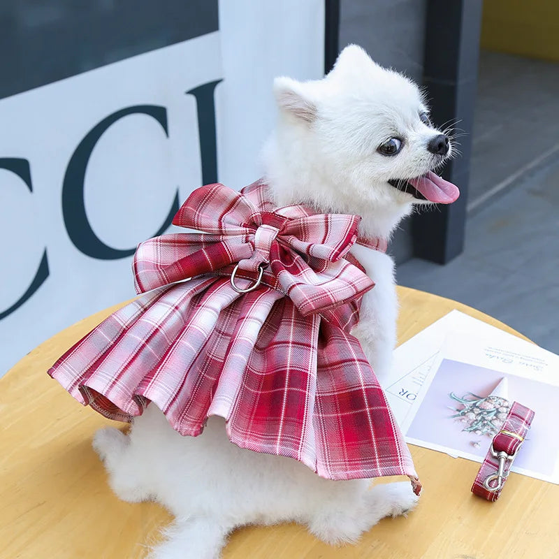 Pet Jk Plaid Dress Dog Harness and Leash Set Bow Skirt Kitten Puppy Vest Luxury Dog Clothes Chihuahua Dog Outfits Bichon Items