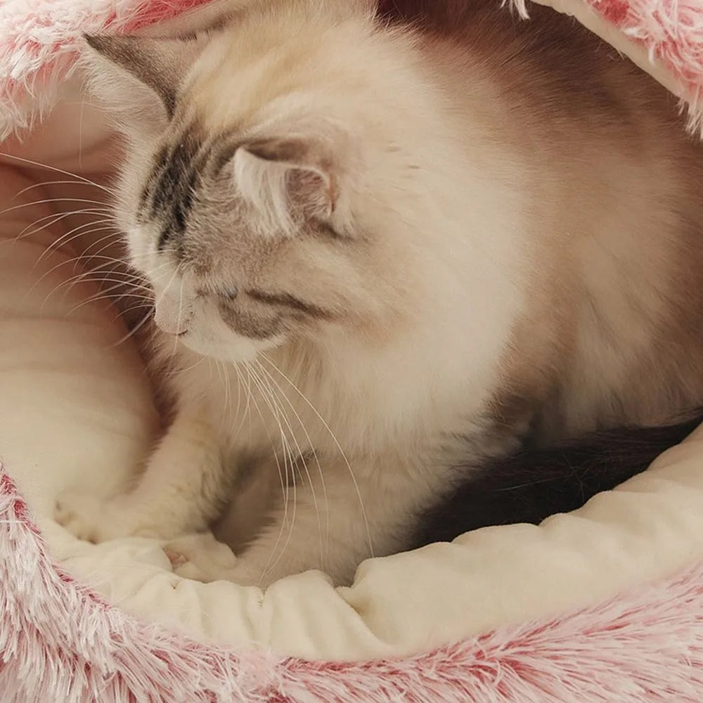 Warm Long Plush Pet Bed Enclosed Round Cat Cushion Comfortable Sleep Bag Cat Nest Kennel For Small Pet