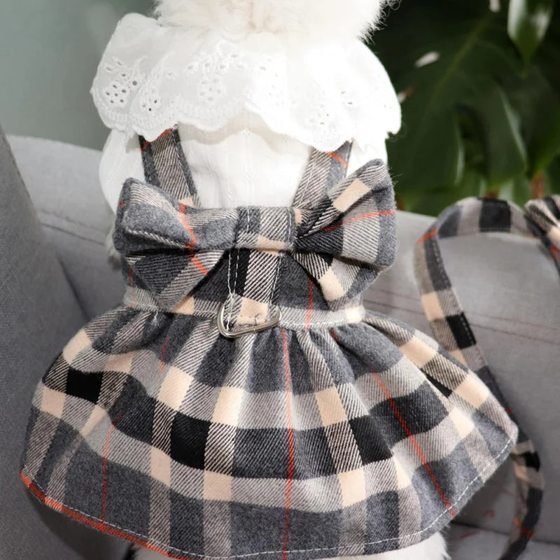 Pet Harness Dress With Leash Set Princess Dog Dress For Small Dog Fashion Simple Plaid Puppy Dresses With D Ring Clothes Outfits