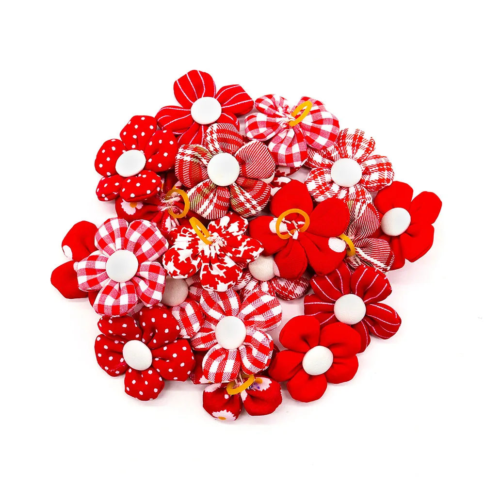 10/20pcs Flower Dog Hair Bow Red Style Valentine's Day Decorate Dog Bowknot with Rubber Bands for Small Dog Puppy Accessories