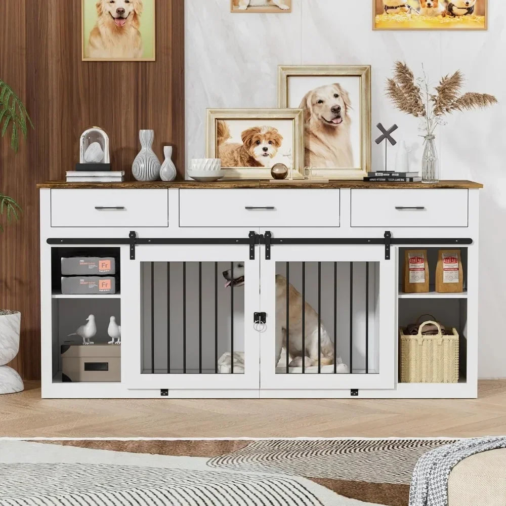 Large Dog Crate Furniture, 70.9" Dogs Crate Kennel with 3 Drawers and Divider, Indoor Extra Large Dog Kennel Furniture TV Stand