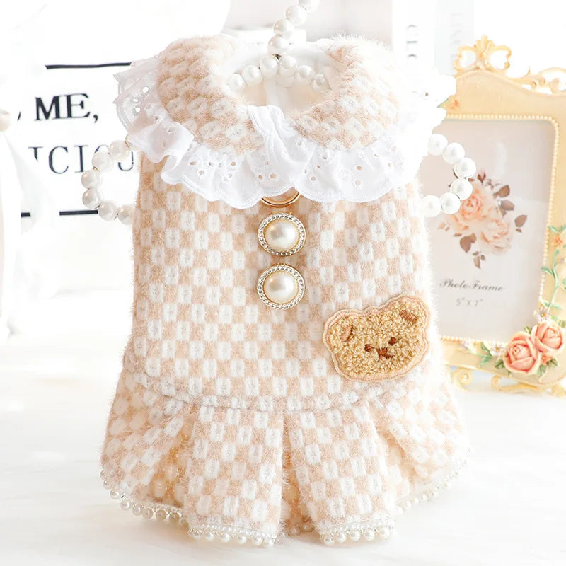 Pet Clothing Autumn Winter Dress Cat Dog Princess Dress Light Coffee Pearl Lapel Dress Small and Medium-sized Dogs Clothing