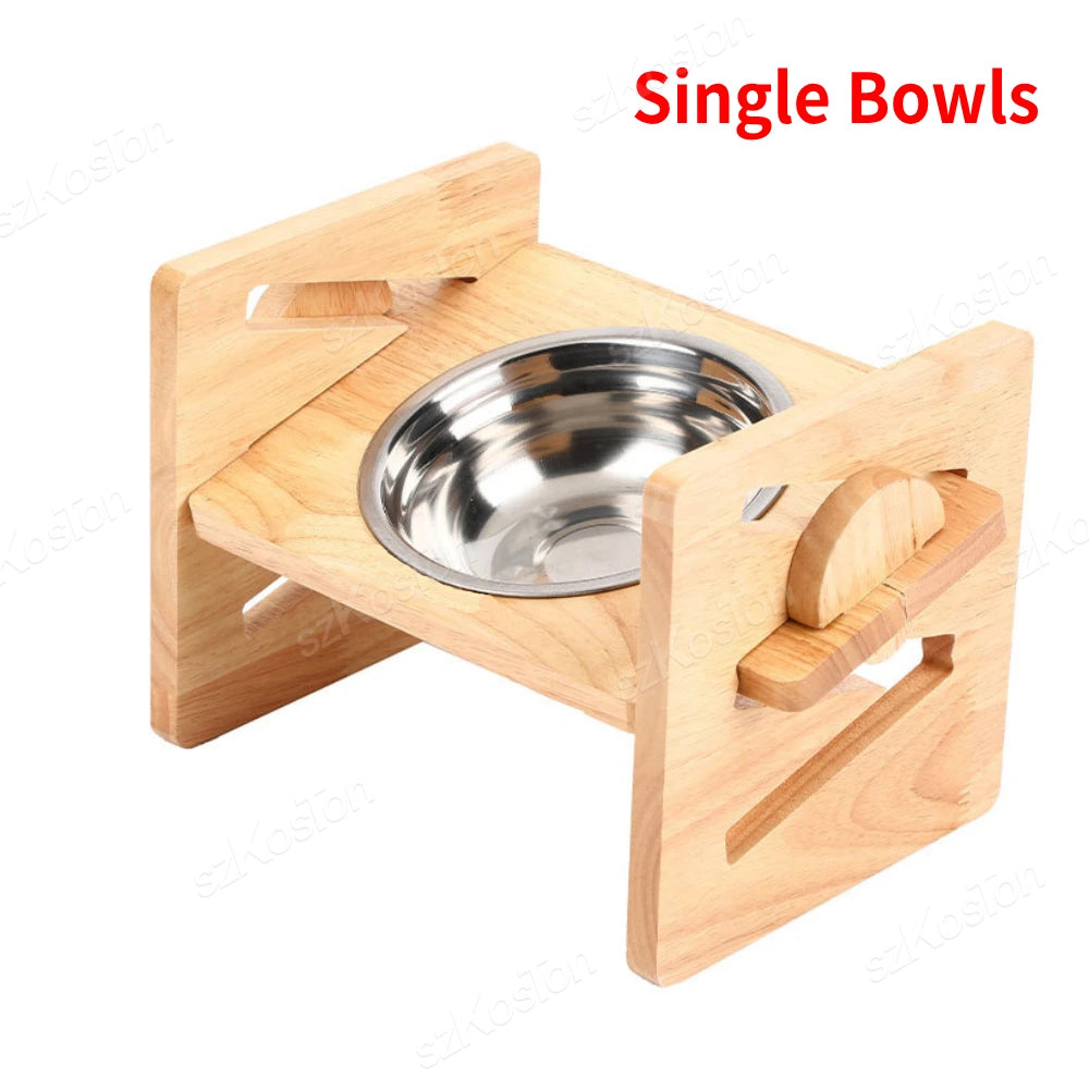 Elevated Dog Bowls Bamboo Tilted Adjustable Dogs Feeder Stand with Stainless Steel Food Bowls for Puppies Cats Pet Accessories