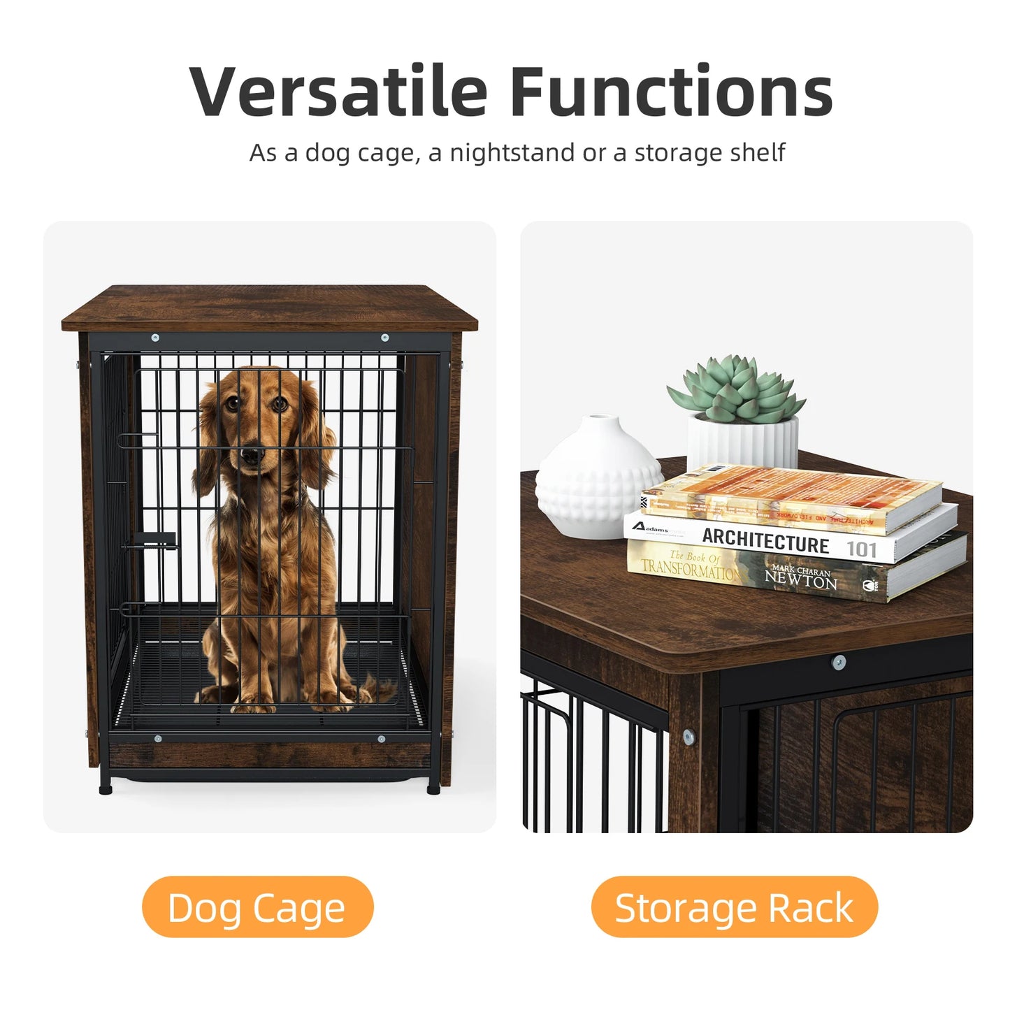 S M L 3 Sizes Dog Crate End Table Furniture Wood Metal Combine Pet Dog Cage Kennels with Double Doors and Removable Tray