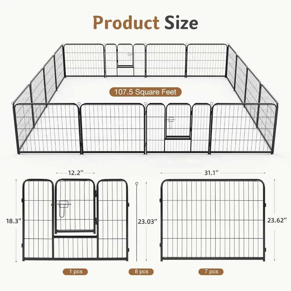 Dog Playpen Indoor Fence 16 Panel 24" Height Metal Exercise Pen with Door Small Puppy/Medium/Large Dogs Animal Pet