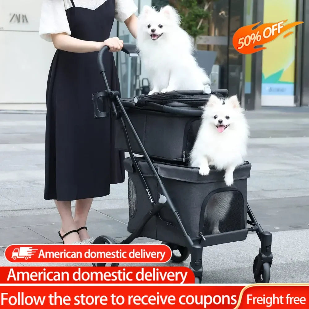 Double Pet Stroller for 2 Small Dogs or Cats Lightweight Foldable Double Dog Stroller with Detachable Carrier for Travel Camping