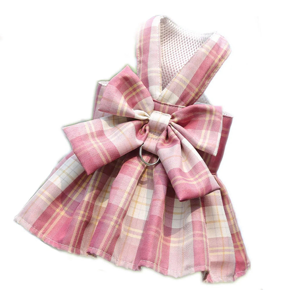 Cute Plaid Dog Dress Harness Leash Set Summer Girl Pet Clothes Bowknot Puppy Princess Dress Cat Dog Holiday Party Costume Outfit