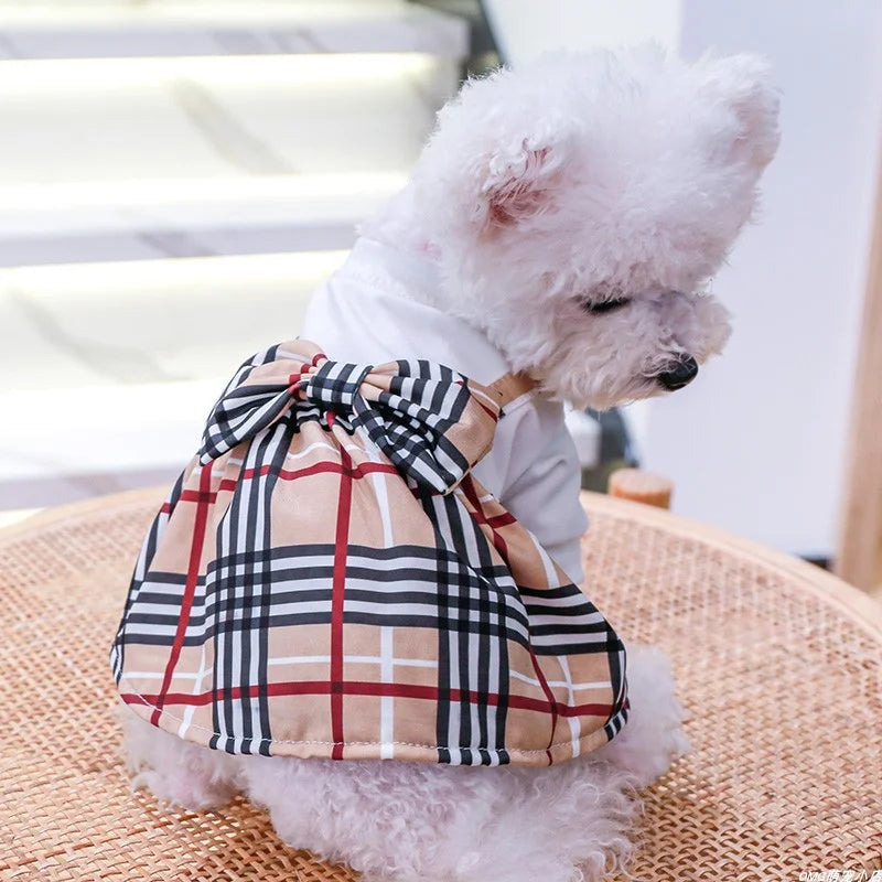 1PC Pet Clothes Cat Spring/Summer Thin White Spliced Bow Plaid Dress Suitable for Small and Medium Dogs