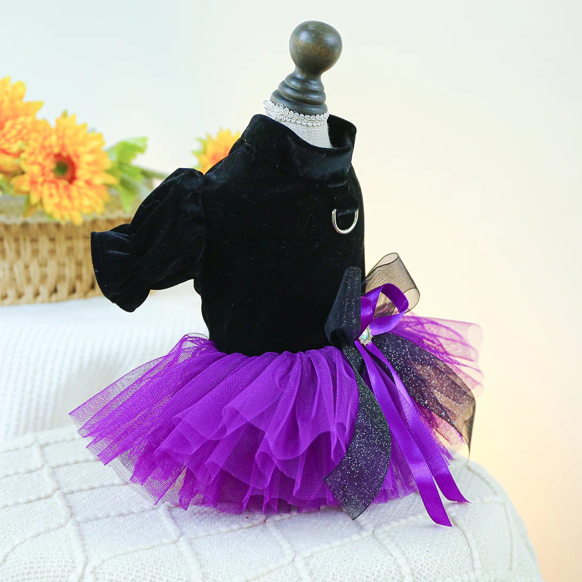 1PC Pet Clothing Dog Autumn Winter Black Velvet Purple Princess Wedding Dress Dress With Drawstring Buckle For Small Medium Dogs