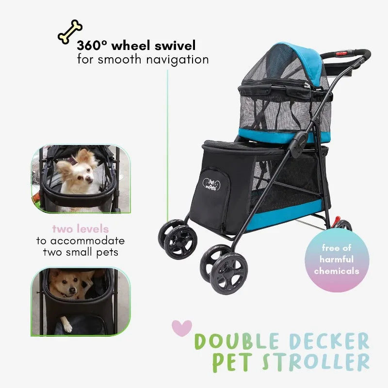 Double Decker Pet Stroller Black Dual Bassinets for Multiple Pets Removable Pee Pads Adjustable Leashes Mesh Windows