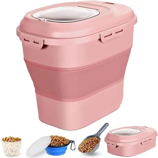 Portable Pet Food Container Wheels 50 lbs Storage Bag Collapsible Airtight Kitchen Cereal Rice Container Spoon Bowl Cup Pack