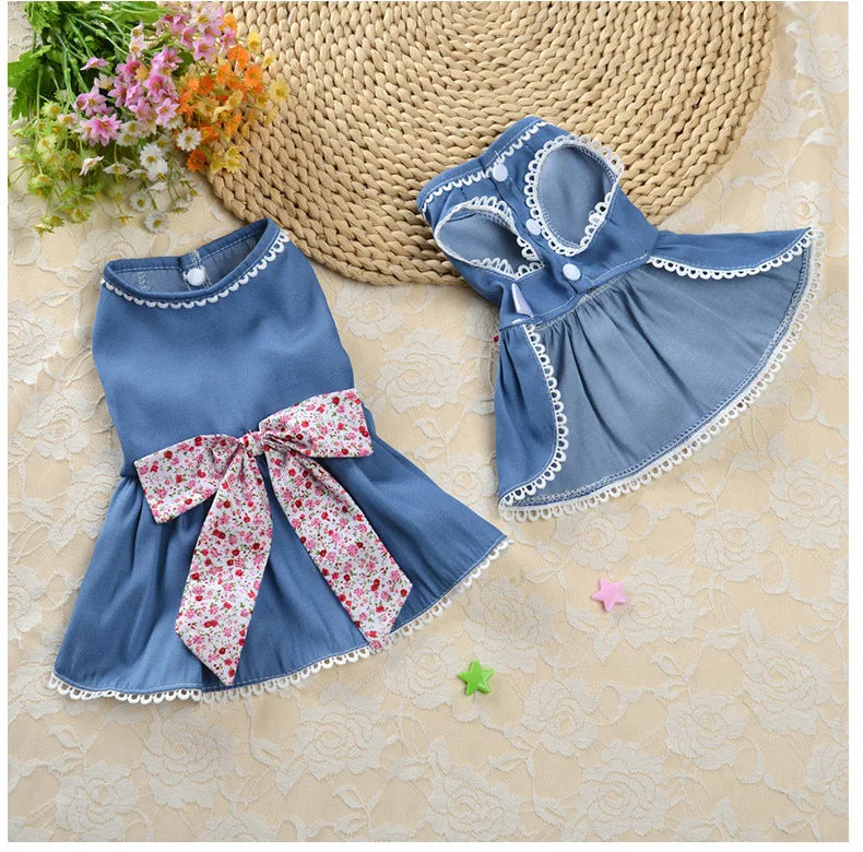 Denim Princess Skirt Comfortable Dog Dress Jeans Lace Pet Dresses for Summer Wear Elegant Bowknot Puppy Clothes Robe Pour Chien