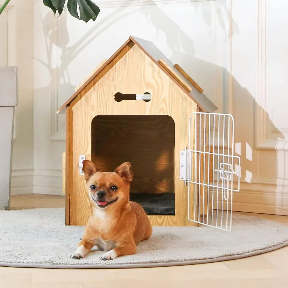 Caseta para perros de diseño de madera cómoda, casa para perros, habitación pequeña para interiores, cueva para perros con rejillas de ventilación y piso elevado para mantener el calor, jaula