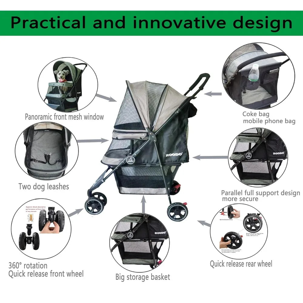 Escort 3Wheel Dog Stroller Cat Stroller Pet Stroller for Small Dogs and Cats,with Removable Liner Storage Basket and Cup