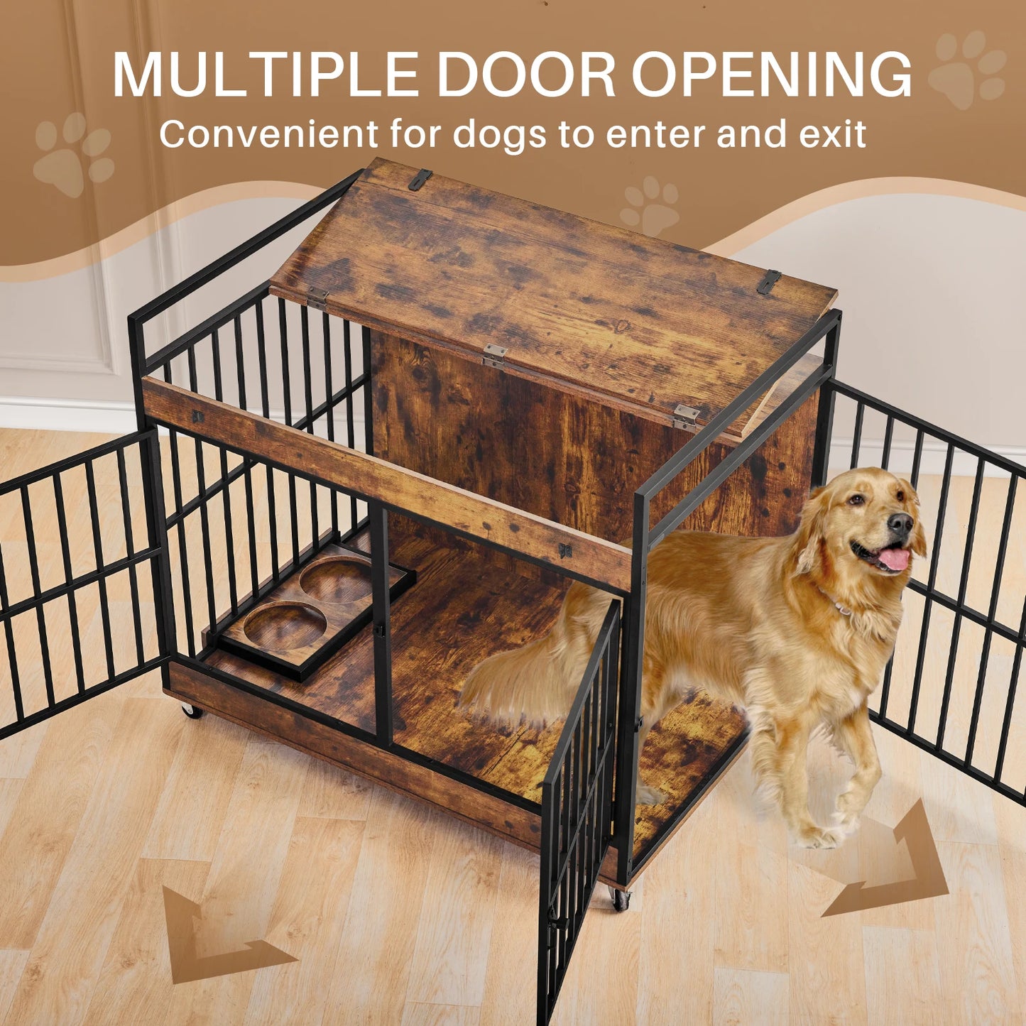 Redlife Dog Crate Furniture End Table Dog Kennel Indoor Heavy Duty Dog House w/ Wheels Feeder Bowls Flip Top 43.7 x 30 x 37.8 in