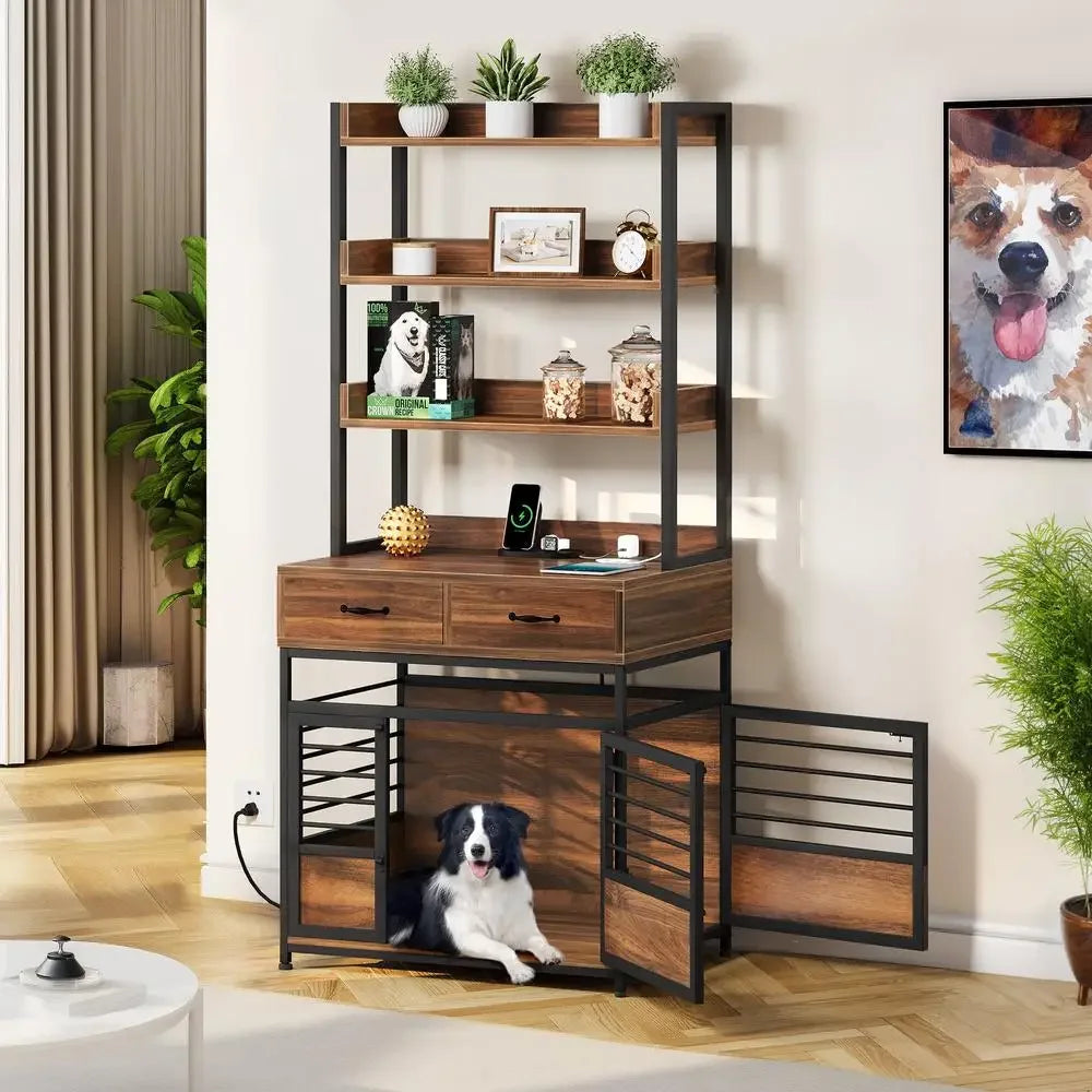 Pet Crate Furniture with Storage Shelves Drawers Charging Station