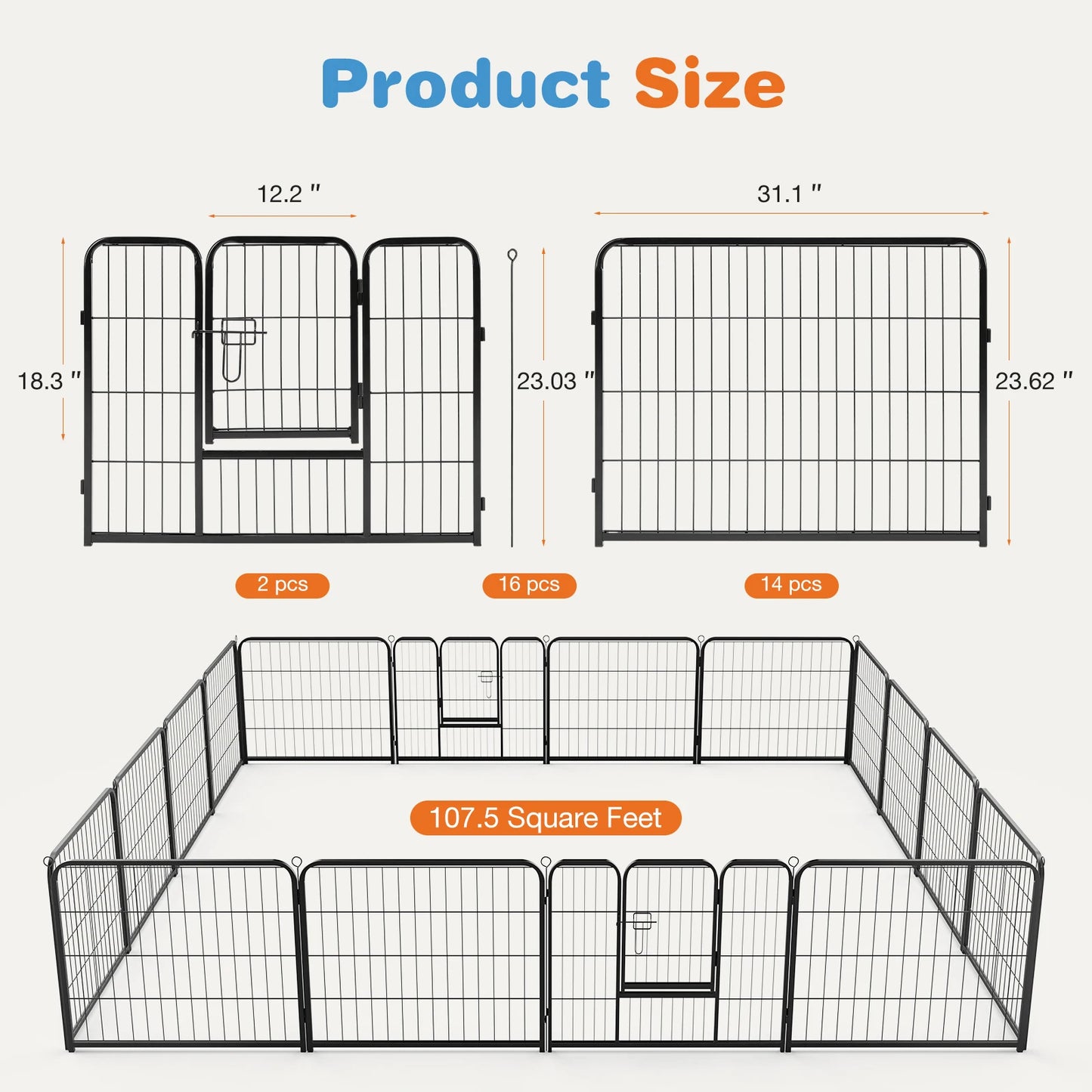 JHK 16 Panel Dog Playpen Indoor Pet Fence Exercise for Yard Gate Heavy Duty Crates with Doors Metal Dog Pen for Camping Outdoor